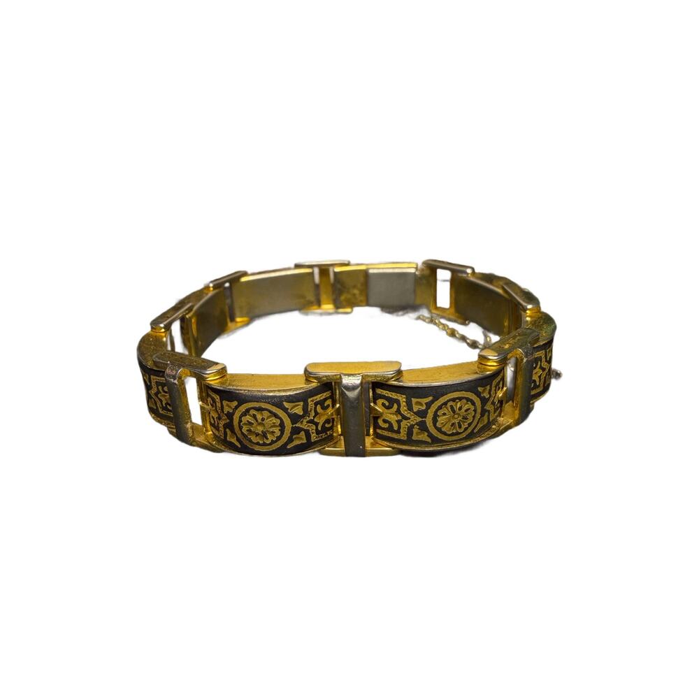 Vintage Toledo Damascene Gold Tone Link Bracelet 1940s Spanish Inlay